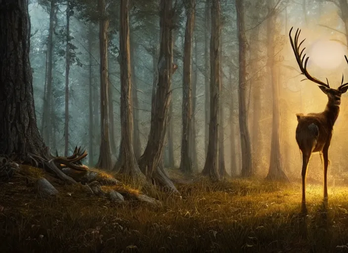 Image similar to giant deer with golden antlers, moonlight, art by artgerm and greg rutkowski, cinematic shot, intricate, photorealistic, artstation, realistic, 1 0 0 mm, photography, octane, high definition, depth of field, bokeh, 8 k