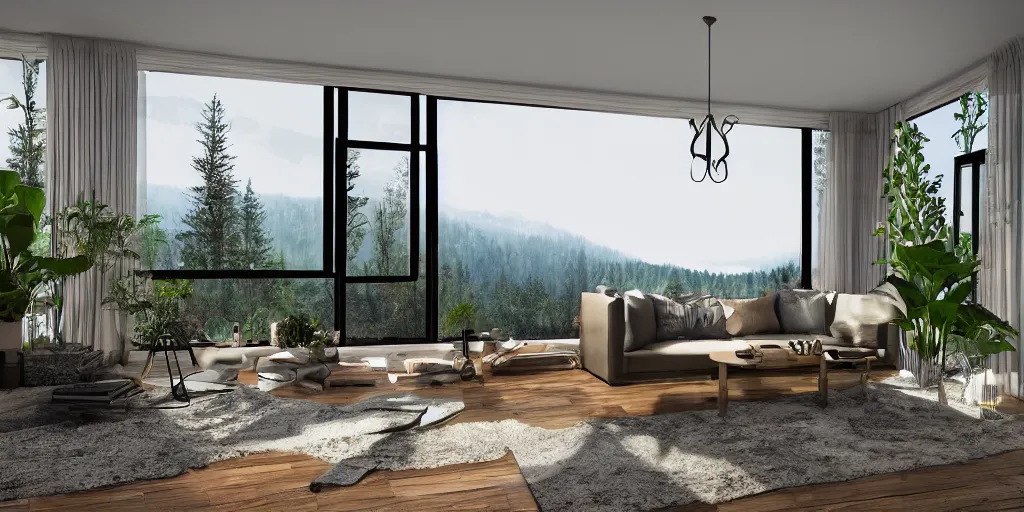 Image similar to a beautiful modern living room with wood floors, large windows with a beautiful view, an area rug, plants, forest, mountains, realistic, hd, 8 k, digital rendering, unreal engine, blender, octane, maya