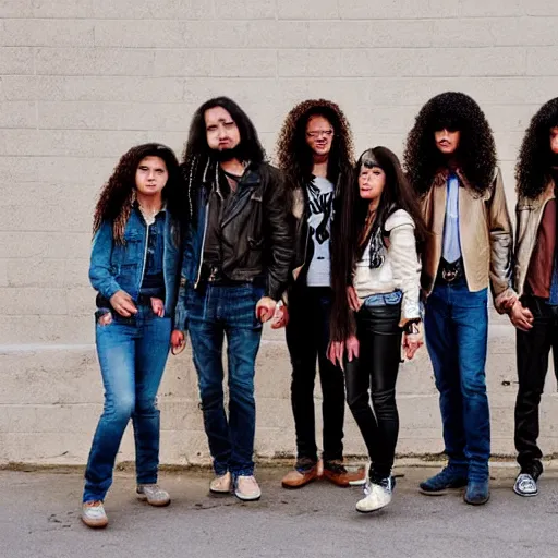 Image similar to Group of ethnically diverse 19-year-old boys and girls with long permed wavy brown hair and afros leather jacket and denim jeans, holding electric guitars, 2022, stoner rock, heavy rock, retro metal, HD photography