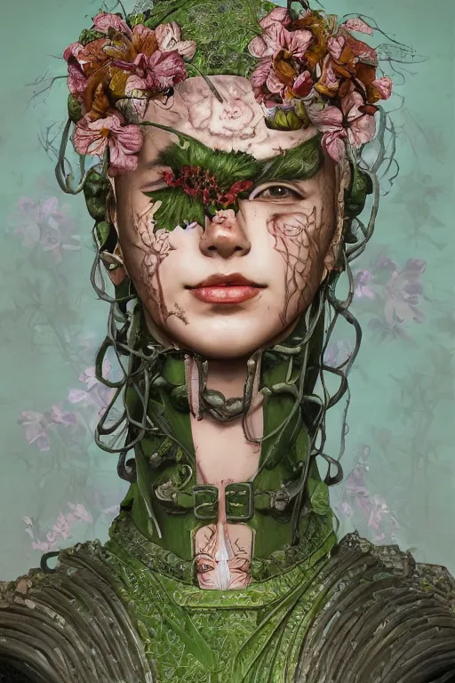 Image similar to portrait of beautiful young mainem, warhammer, japaneese style, cyber armor, a lot of more scars, more and more flowers, green head, the middle ages, highly detailed, artstation, illustration, art by rene magritte, 8 k quality