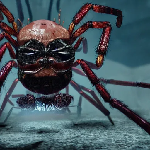 Image similar to walter white as a hideous spider, horror, photorealistic,, features intricate detail, epic composition and the style of unreal engine.