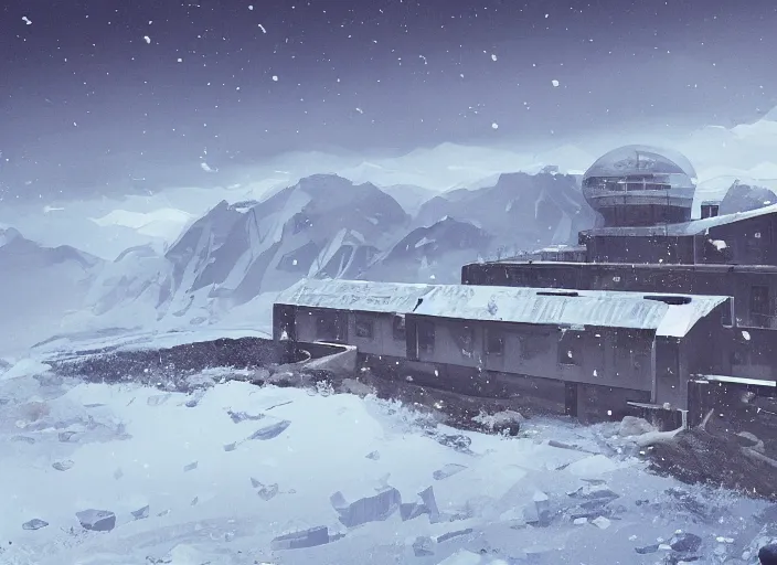 Image similar to an old research facility sits on a remote mountain. the cold seems to creep over everything and consume it entirely, leaving only black and frozen corpses, by gilleard james