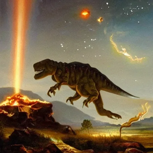 Prompt: masterful oil painting, a meteor crashing to earth while a dinosaur watches it