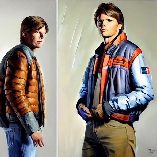 Image similar to greg manchess portrait painting of marty mcfly from back to the future as overwatch character, medium shot, asymmetrical, profile picture, organic painting, sunny day, matte painting, bold shapes, hard edges, street art, trending on artstation, by huang guangjian, gil elvgren, ruan jia, randy vargas, greg rutkowski