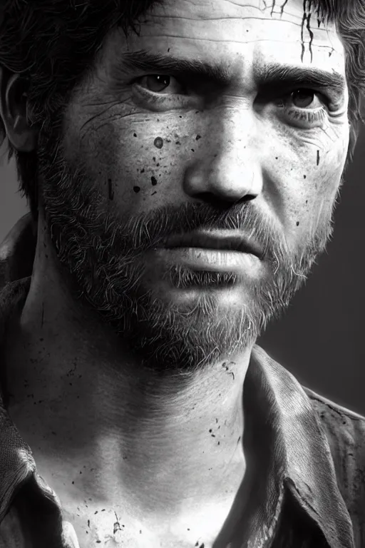 Image similar to ultra realistic facial portrait of joel from the last of us part 2, digital art, character portrait, highly detailed, trending on artstation, lens flare, atmosphere, hyper realistic, cinematic lightning, sharp focus, unreal engine 5, extreme details perfect face, pretty face, fine - face, illustration, 8 k, ultra texture, masterpiece