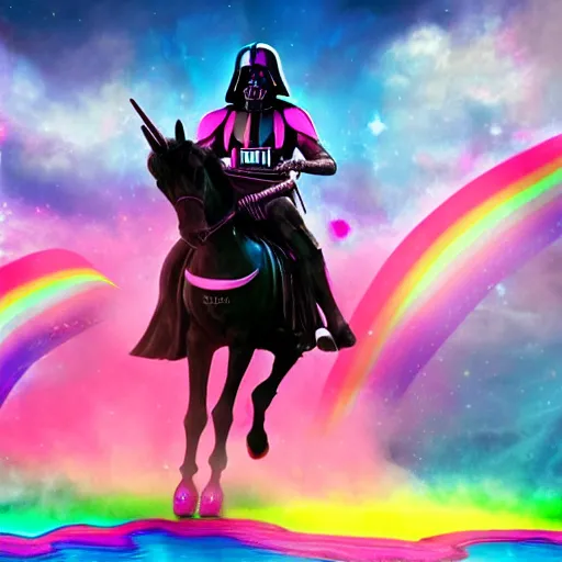 Image similar to beautiful matte painting, rainbow colored pink pink darth vader wearing pink wearing pink, riding a unicorn, riding a unicorn, riding a one-horned unicorn over a glittering rainbow, in psychedelic space, by lisa frank and dan mumford, octane render, HDR, vivid color, volumetric lighting, unreal engine, concept art, CGsociety, trending on artstation