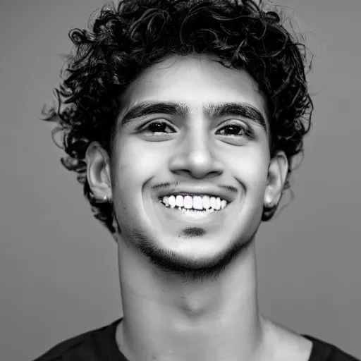 Image similar to close - up portrait photograph of a teenage latino male with brown eyes, light skin, a long italian nose, a big smile, curly medium length black hair, highly detailed, anatomically correct features,