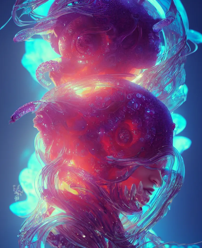 Image similar to goddess close-up portrait. orchid jellyfish phoenix head, nautilus, skull, betta fish, bioluminiscent creatures, intricate artwork by Tooth Wu and wlop and beeple. octane render, trending on artstation, greg rutkowski very coherent symmetrical artwork. cinematic, hyper realism, high detail, octane render, 8k