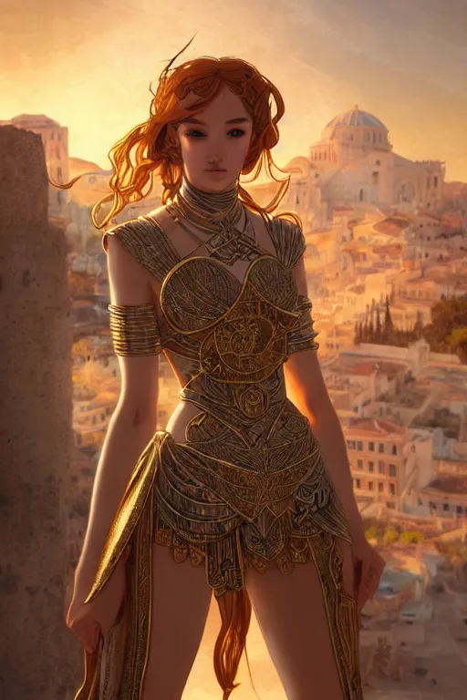 Image similar to portrait knights of zodiac girl, golden and copper shining armor, karate pose, in ruined agora of athens sunrise, ssci - fi and fantasy, intricate and very very beautiful and elegant, highly detailed, digital painting, artstation, concept art, smooth and sharp focus, illustration, art by tian zi and wlop and alphonse mucha