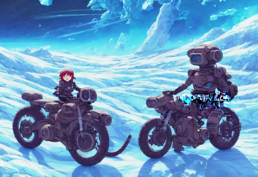 Prompt: a small chubby futuristic bike on a glacier on an alien planet, intricate oil painting, high detail illustration, sharp high detail, manga and anime 1 9 9 9, official fanart behance hd artstation by jesper ejsing and makoto shinkai, 4 k,