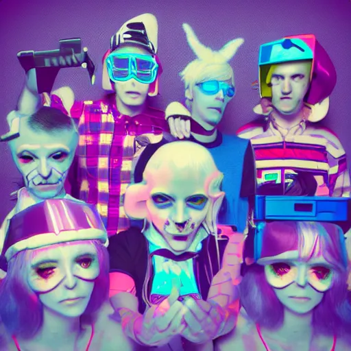 Image similar to bandphoto of chiptune band, in the style of billelis and james jean and pedro conti and stanley kubrick, inspired by die antwoord, kawaii colors, photorealistic, epic, super technical, 3 d render