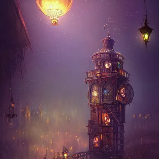 Image similar to a beautiful stunning fantasy whimsical matte digital illustration of a scene of a steampunk! hot - air balloon over a lit steampunk! city at night by marc simonetti, pastel color palette, disney magic the gathering steampunk!!!, chiaroscuro magical! bokeh moon stars dramatic romantic! epic breathtaking, clock tower,, trending on artstation hq, masterpiece