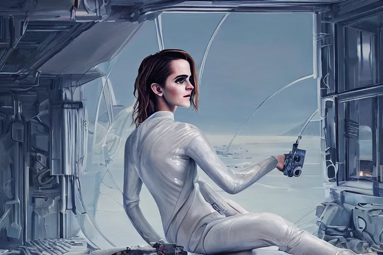 Image similar to beautiful painting of Emma Watson wearing a white leather jumpsuit in a futuristic house in the style of Simon Stålenhag and H. R. Giger, detailed, trending on Artstation