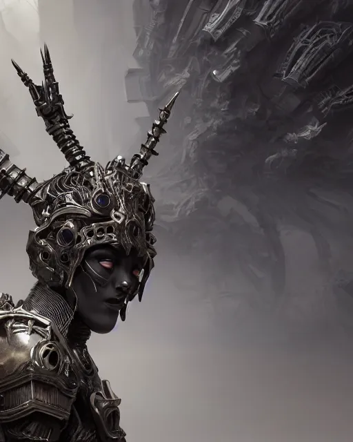 Prompt: a dark sci fi matte painting portrait of a futuristic shadow priest wearing a massive ornate headdress made of realistic metal and sci fi armor while casting death spells, art deco shapes, cinematic lighting, rim light smooth, dark sci fi, unreal engine, octane render, by blizzard studios, golden rule, subject in center of frame, fog volumes, cgsociety