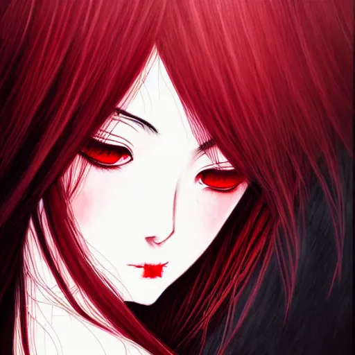 Prompt: beautiful seductive female spirit, sleeping, highly detailed, painting, dark red and black color palette, intricate, high quality anime artstyle, in the style of sana takeda
