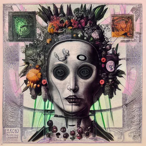 Image similar to post - punk new age album cover, asymmetrical design, frame of a dollar bank notes, capitalism, magic, apocalypse, psychedelic, black white pink, magic, giger h. r., giuseppe arcimboldo