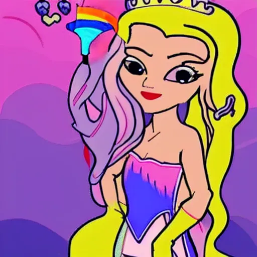 Image similar to a princess with extremely long blond hair from a cartoon riding a unicorn over a rainbow drawn as gta