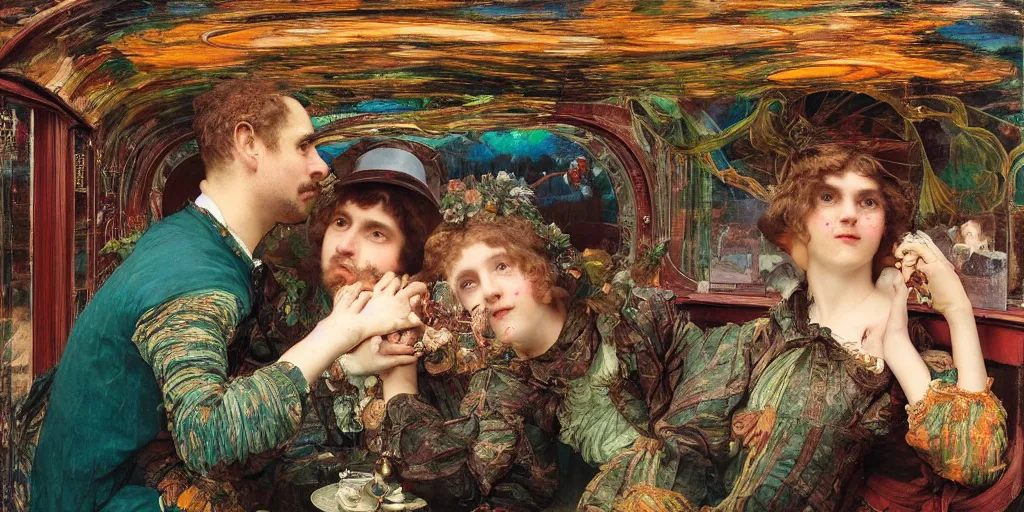 Image similar to detailed colourful masterpiece of photography couple portrait sat down extreme closeup, inside an underwater train, wearing unusual clothes, by william powell frith and ford maddox brown and frederic leighton and john william waterhouse