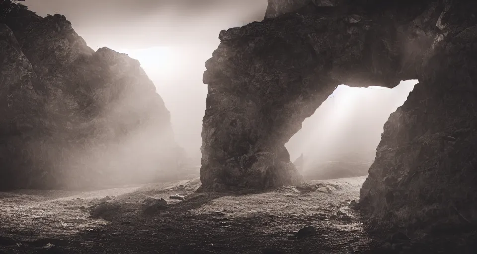 Image similar to landscape photo showing a huge hand made of stone in the background, dramatic lighting, hazy atmosphere, god rays