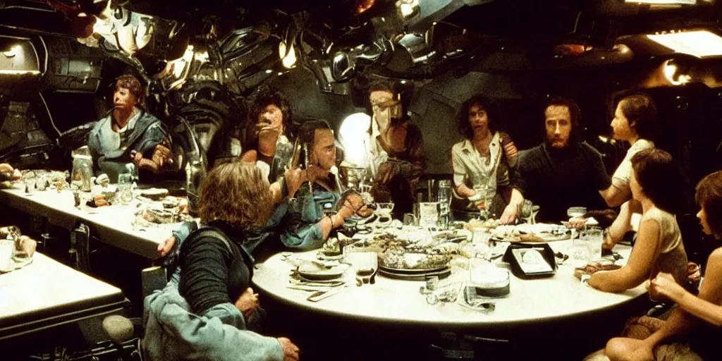 Image similar to a dinner scene with Ripley and 6 other people in a round table within the Nostromo by Ridley Scott, Alien movie, grainy, bluish and cream tones