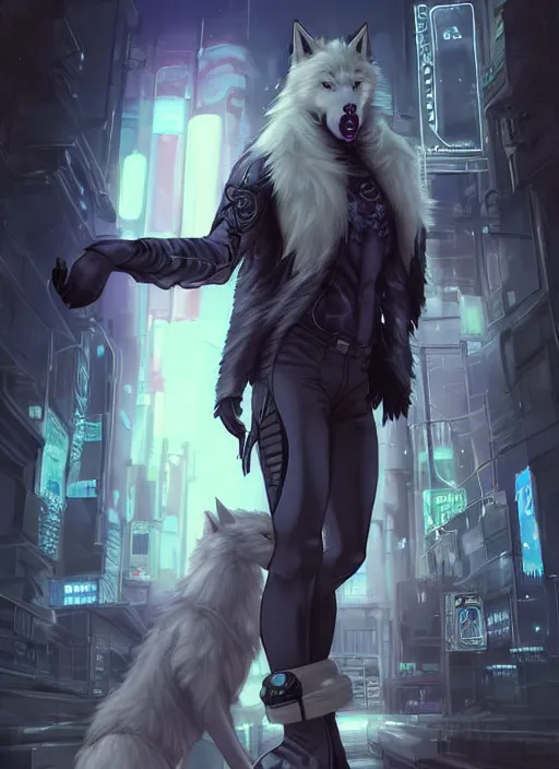 Image similar to award winning beautiful portrait commission art of a muscular male furry anthro albino wolf fursona with a tail and a cute beautiful attractive detailed furry face wearing black stylish cyberpunk pants and boots in a cyberpunk city at night while it rains. Character design by charlie bowater, ross tran, artgerm, and makoto shinkai, detailed, inked, western comic book art