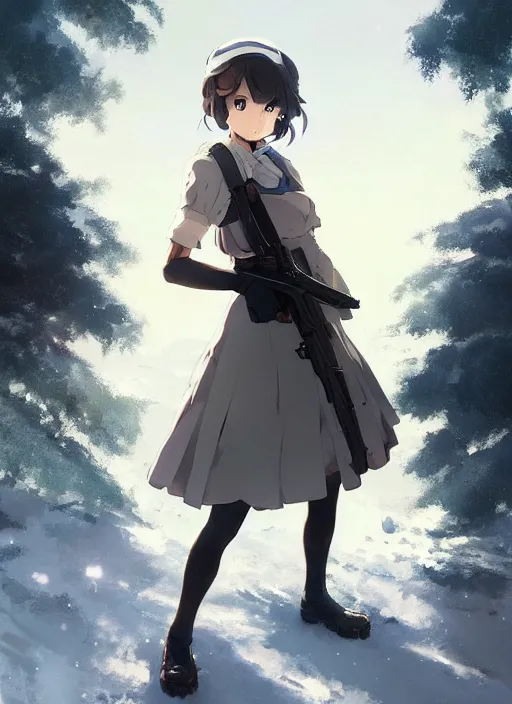 Prompt: portrait of anime maid maid dress with rifle in hands running winter by greg rutkowski, key visual, kyoto animation, makoto shinkai, studio ghibli pixiv, sharp, detailed, high quality, award winning trending on artstation super detailed face sparkling eyes fingers