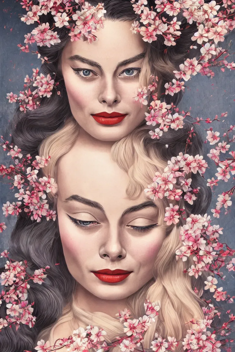 Prompt: a beautiful ultradetailed fine art illustration of margot robbie as a geisha with a hattori hanzo sword by kevin sloan, long wavy hair, surrounded by cherry blossoms, trending in artstation, muted tones