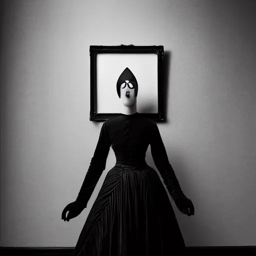 Prompt: old monochrom portrait photography of a beautiful cyclops girl with a single eye wearing a black dress, in a victorian interior, by man ray, alfred ghisoland, gemmy woud - binendijk, erwin olaf, 4 k,