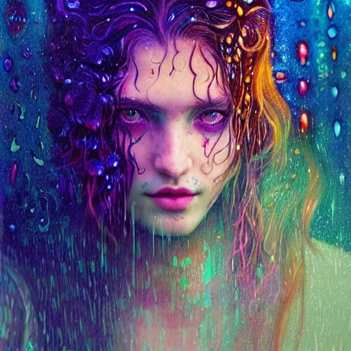 Image similar to face of girl in psychedelic LSD rain with wet hair and face, fantasy, intricate, elegant, dramatic lighting, intense emotion, highly detailed, lifelike, photorealistic, digital painting, artstation, concept art, smooth, sharp focus, illustration, art by John Collier and Albert Aublet and Krenz Cushart and Artem Demura and Alphonse Mucha