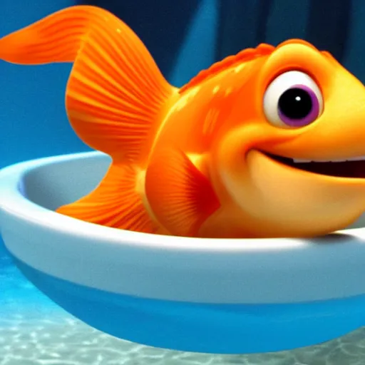 Prompt: Disney Pixar goldfish swimming in a bowl of water