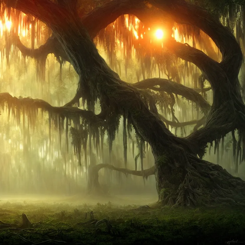 Prompt: a swamp with one huge tree in the middle, dark colors, misty background, light rays, sunset!, beautiful lighting, vivid colors, intricate, elegant, smooth, sharp focus, highly detailed digital painting, concept art, cinematic, unreal engine, 4 k wallpaper, svetlin velinov, tarmo juhola, artstation trending