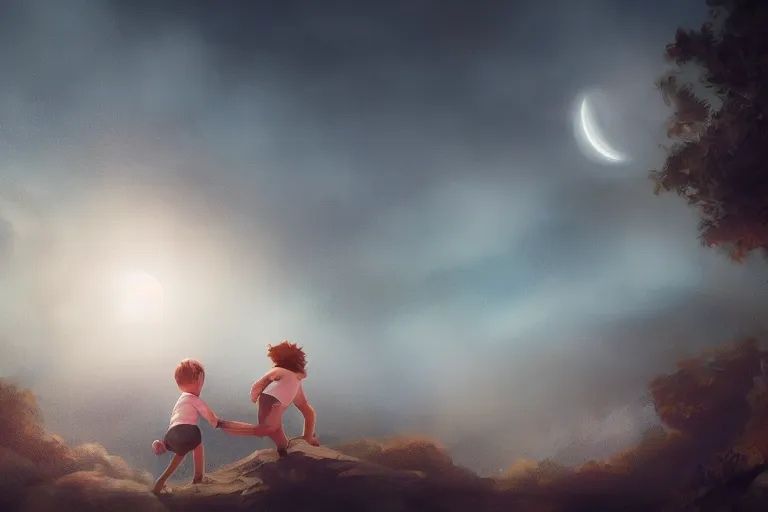 Image similar to a cute little boy and a girl wave their hands for camera, dreamy matte painting, night time, volumetric lighting, smooth, trending on artstation, moonlit backdrop