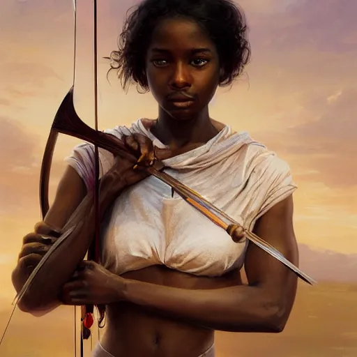 Image similar to artstation concept of a beautiful girl holding a bow and arrow, brown skin, sweaty skin, symmetrical face, casual white garment, white desert background, shiny colorful, hyperdetailed, artstation trending, world renowned artists, worth1000.com, cgsociety, by greg rutkowski, by Gustave Doré, Deviantart