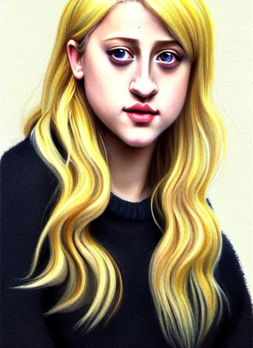 Prompt: full body portrait, teenage lili reinhart, blonde hair, obese, bangs, ponytail, sultry, realistic, sweater, fluffy bangs, fully clothed, curly bangs, fat, belly, intricate, elegant, highly detailed, digital painting, artstation, concept art, smooth, sharp focus, illustration, art by wlop, mars ravelo and greg rutkowski