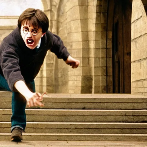 Prompt: harry potter yelling at a wooden staircase