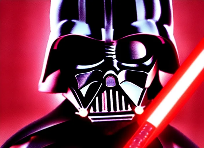 Image similar to hyperrealistic mixed media fine art painting of darth vader with red lightsaber drawn facing off against a cute baby, stunning 3d render inspired art by P. Craig Russell and Barry Windsor-Smith + perfect facial symmetry + dim volumetric lighting, 8k octane beautifully detailed render, post-processing, extremely hyperdetailed, epic composition, grim yet sparkling atmosphere, cinematic lighting + masterpiece, trending on artstation