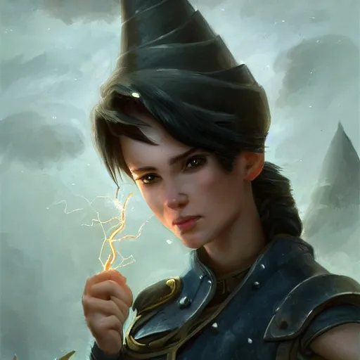 Image similar to beautiful muscular female gnome engineer, casting lightning magic, short black pixie undercut hair, standing on ship deck, naval background, intricate, D&D, highly detailed, full body portrait, wide angle, digital painting, artstation, smooth, sharp focus, great composition, illustration, art by Greg Rutkowski, trending on artstation