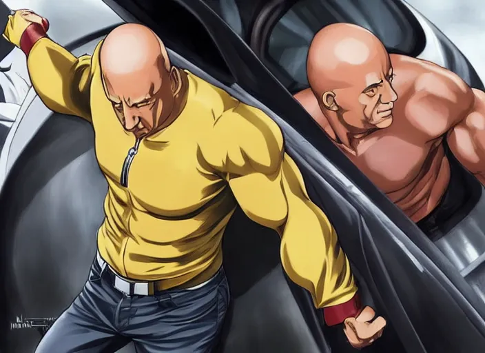 Image similar to vin diesel as saitama!!! punching a car, hyperrealism, trending on artstation