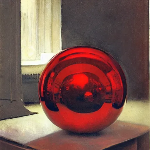 Prompt: chrome spheres on a red cube by anders zorn