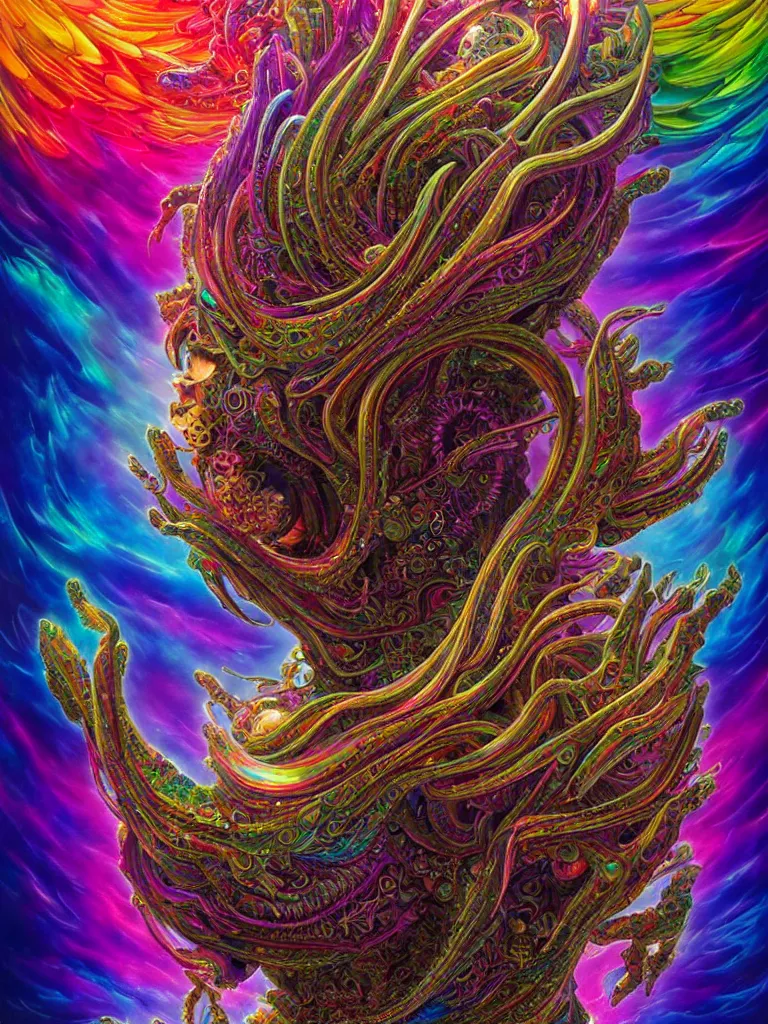 Prompt: depicting a wrathful technological nightmare monster god, in the style of lisa frank, exuberant organic elegant forms, by karol bak and filip hodas : : 1. iridescent, multicolored, holographic intricate mandala explosions : : intuit art : : turbulent clouds backdrop : : damask wallpaper : : atmospheric