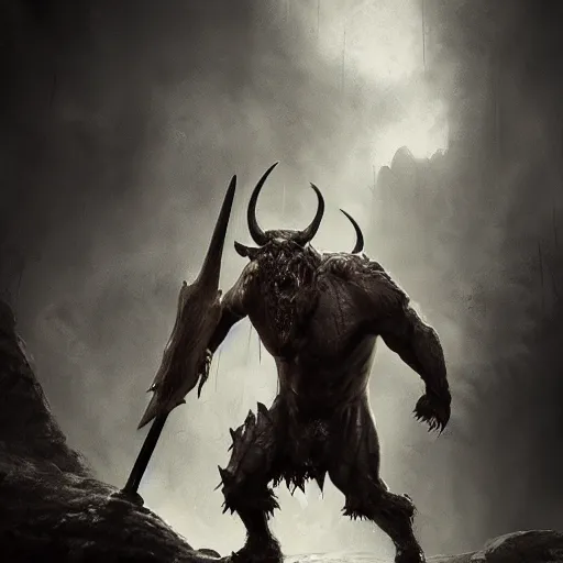 Prompt: Bull zoomorph creature carrying a big two-handed axe, dark atmosphere, angry look, highly detailed, digital painting, Trending on artstation , HD quality, by Augusto Ferrer Dalmau, dramatic light, octane