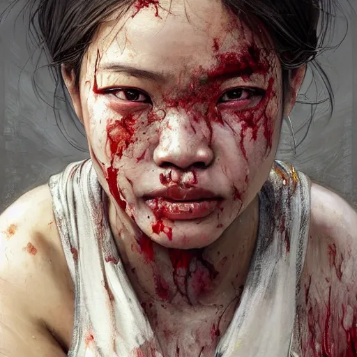 Image similar to portrait painting of a bloodied thai female butcher, ultra realistic, concept art, intricate details, eerie, highly detailed, photorealistic, octane render, 8 k, unreal engine. art by artgerm and greg rutkowski and alphonse mucha