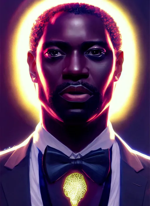 Image similar to portrait of handsome black man in tailored suit with telekinetic powers, afro - futurist style, intricate three dimensional displays, elegant, glowing lights, highly detailed, digital painting, artstation, concept art, smooth, sharp focus, illustration, art by wlop, mars ravelo and greg rutkowski