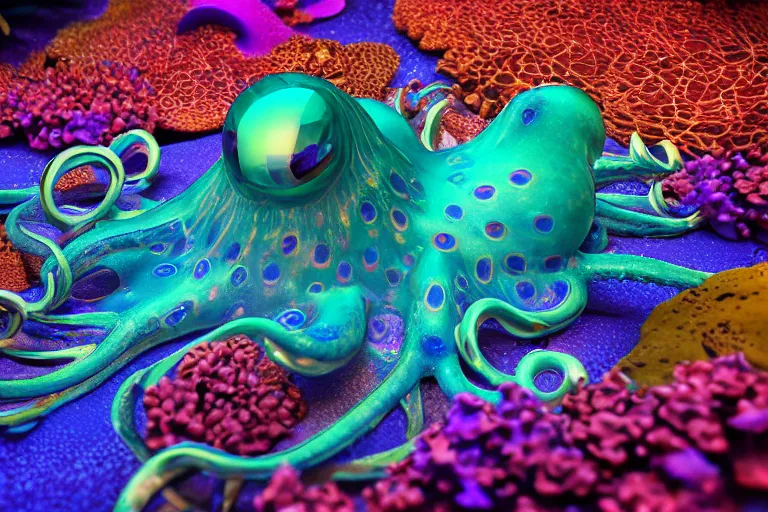 Image similar to rainbow octopus, stunning ultra realist waves underwater curiosities reflections and refractions corals and fishes carnival, symmetry accurate features, focus, very intricate ultrafine details, blue purple aqua colors, award winning masterpiece, octane render