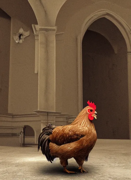 Image similar to a chicken in a roman church, 8 k extremely realistic and highly detailed