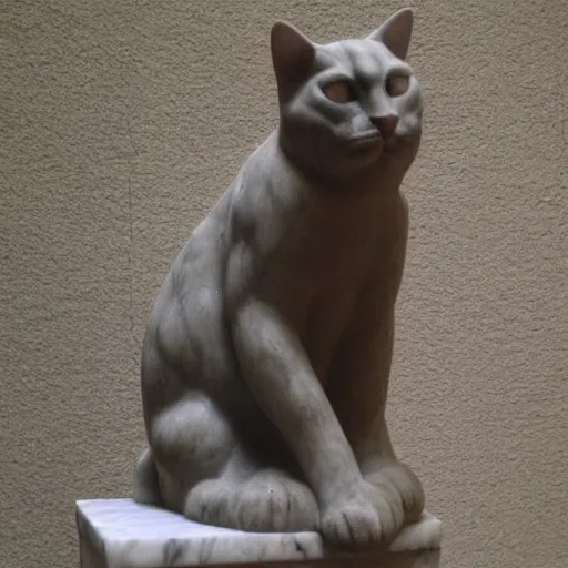 Image similar to a cat is sitting, marble statue, antique style, dramatic lightning,