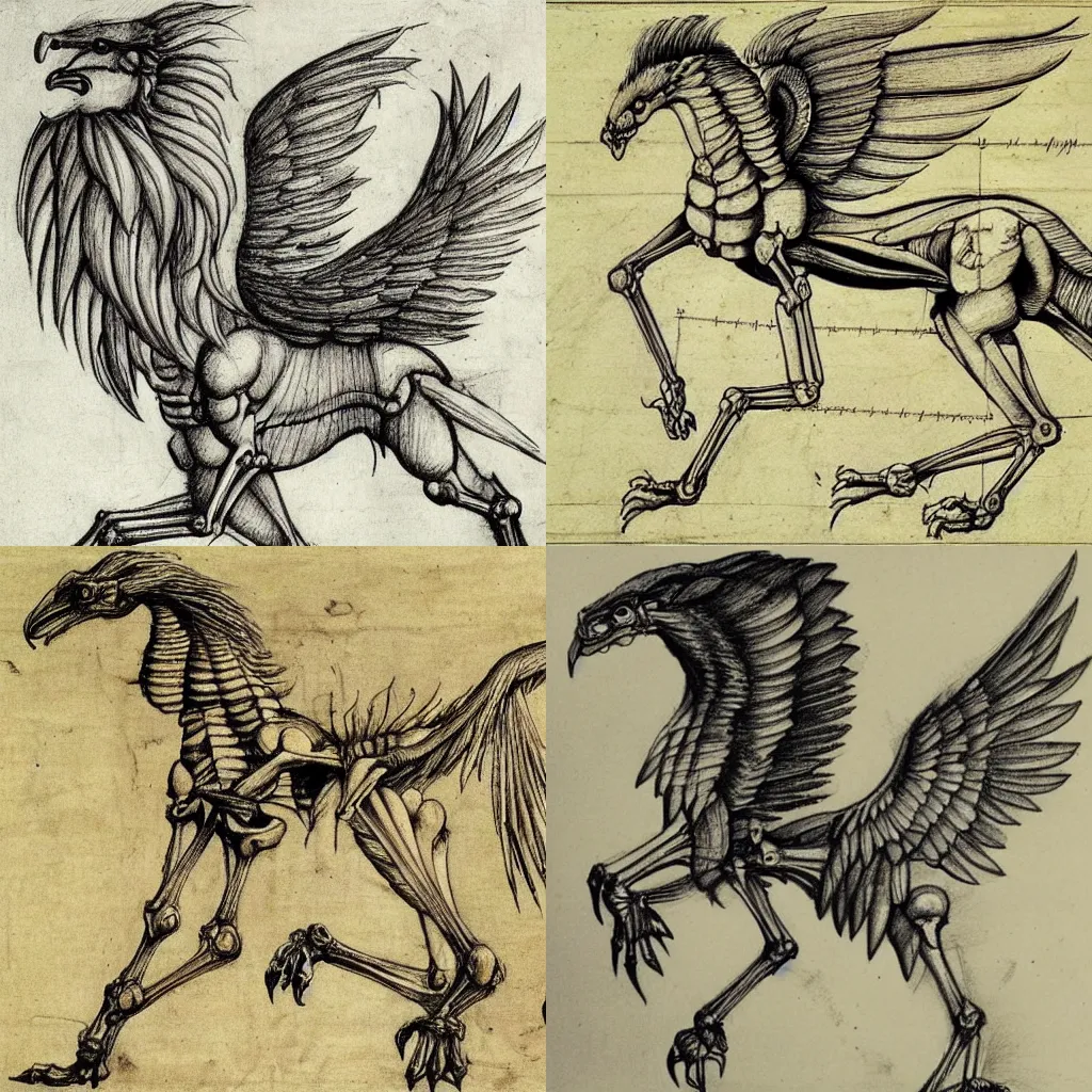 Prompt: anatomy drawing of a griffin, by Leonardo da Vinci, skeletal structure, dissection sketch, very detailed, historical,