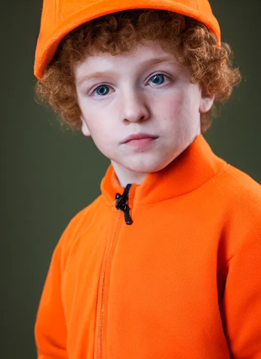 Image similar to portrait photo still of real life young kyle broflovski wearing an orange jacket and green hat, 8 k, 8 5 mm, f. 1 4