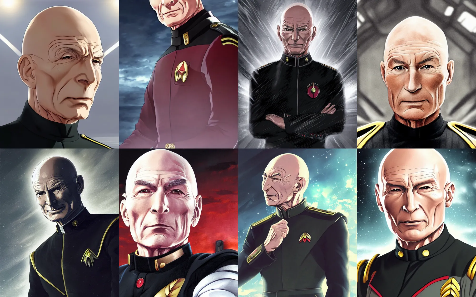 Prompt: Digital anime art by WLOP and Mobius, Closeup of Captain Picard wearing a black uniform from The Next Generation, silver insignia, serious expression, [[empty warehouse]] background, highly detailed, spotlight