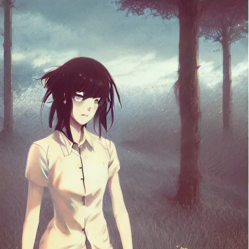 Prompt: upset anime girl, trees without leafs in background, art by alexandros pyromallis intaglio, greg rutkowski